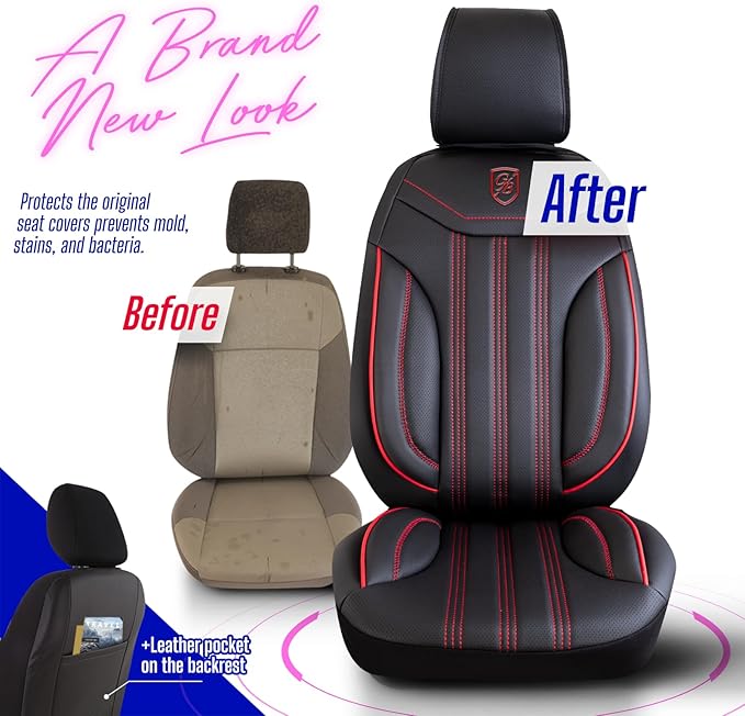 Premium Car Seat Covers Front Seat - Nappa Leather Car Seat Cover for SUV, Cars, Most Pickups, Black-Red Stitching, Car Seat Protector, Car Seat Covers Front Seats, Car Seat Protector
