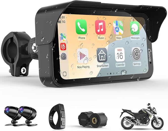 Carpuride W603DT for Motorcycle CarPlay & Android Auto & TPMS - HD1080p Dash Cam, 6.3-inch Waterproof Rotatable Touchscreen for Navigation, Bluetooth, Loop Recording, Wired Controller