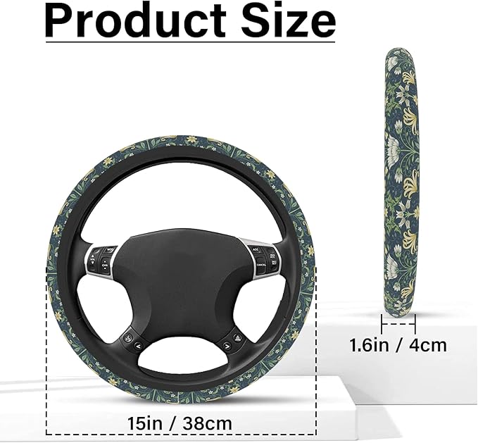 Green Flowers Plants Steering Wheel Cover, Cute Print Steering Wheel Cover Protector, Personalized Pattern Design, Car Accessories for Women, for Steering Wheel with a Diameter of 14.5"-15"