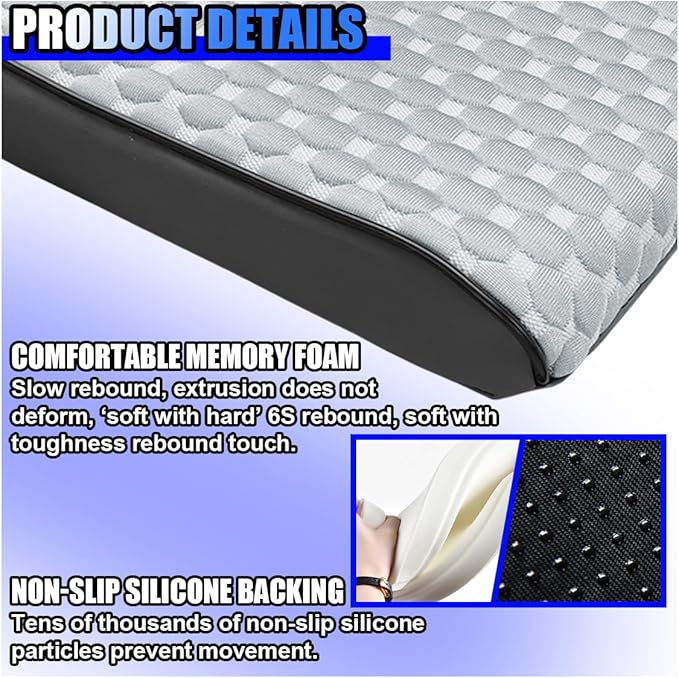 Cool Car Center Console Cushion Pad, Comfortable Ice Silk Car Armrest Cover, Breathable Vehicle Armrest Seat Box Pad Memory Foam, Auto Interior Protection Accessory, Universal for Summer (Black/Grey)