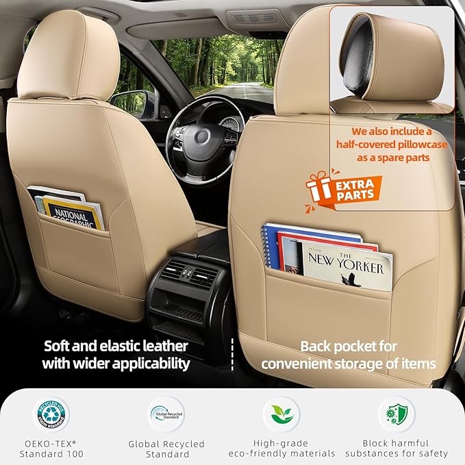 KEYOOG Universal 5-Seater Waterproof Breathable Nappa Leather Car Seat Covers Full Set, Fit for Front Rear Seats, Compatible with Hy-undai Sonata, To-yota Camry, Fo-rd F-150, Fit Most Sedans SUV Beige
