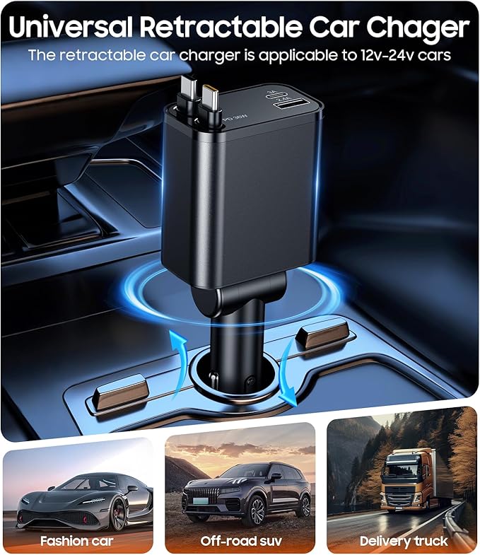 Temdan Retractable Car Charger, 4 in 1 Fast Charger USB C Car Truck Accessories, Travel Essentials Gifts for Women Men, Car Accessories for iPhone 17 Pro Max Air 16 15 14 13 Plus,Galaxy,Pixel-Black
