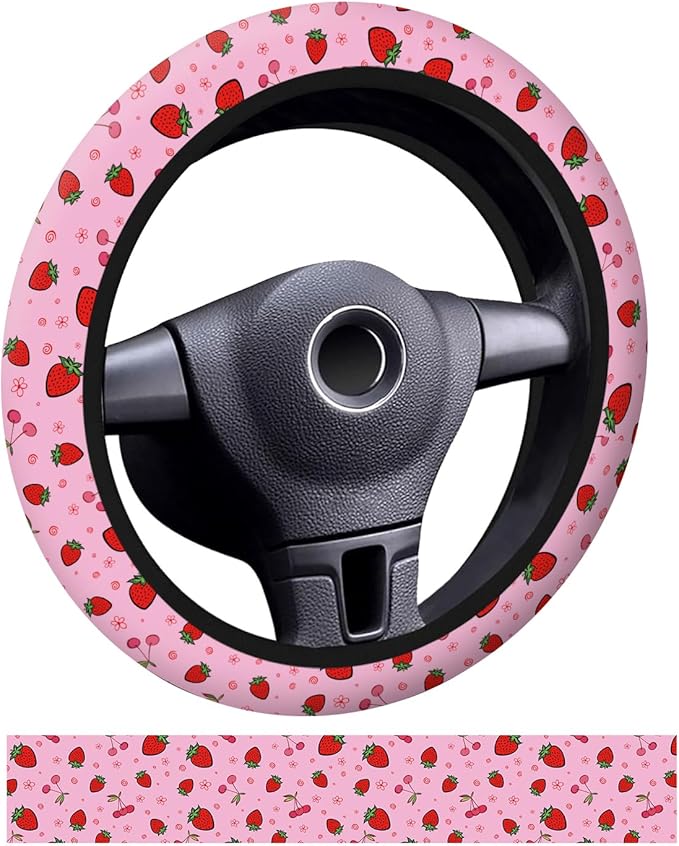 Car Steering Wheel Cover, Universal 15 Inch Neoprene Non-Slip Steering Wheel Covers, Funny Car Accessories for Women Men Fit Auto, Suvs, Truck Cute Pink Cherry Strawberry
