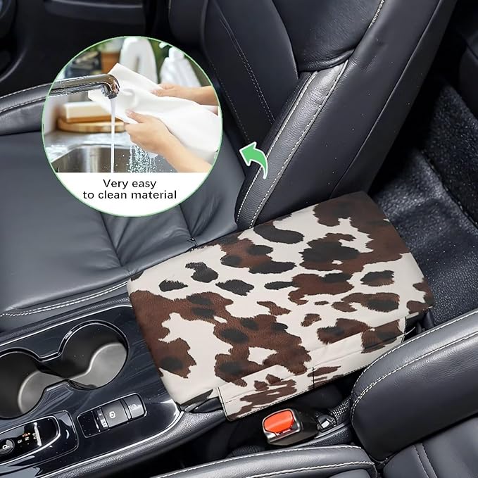 Dreaweet Brown Cow Print Center Console Cover Thick Arm Rest Cover for Car Women Cute Car Accessories Interior Comfy Anti Slip Middle Console Cushion Cover Pad with Pockets