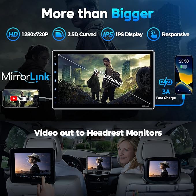 PLZ 10.1" Wireless Single Din Car Radio Stereo with Apple Carplay Android Auto Touch Screen, Car Play Audio Receivers Headunit, Bluetooth 5.3, Backup Camera, 240W, 2 Subwoofers, Navigation, FM/AM, SWC