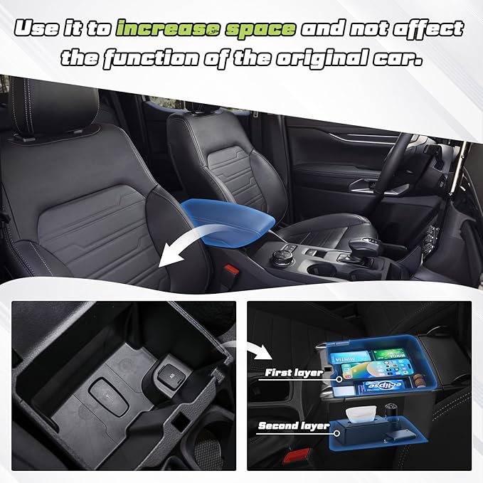 Sunsdrew Center Console Organizer Compatible with 2024-2025 Ford Ranger, Armrest Storage Box Insert with 2 Color Mats, Ford Ranger Accessories - ONLY FIT Electric Handbrake Version