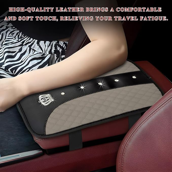 Bling Leather Car Center Console Cover, Anti-Slip Crown Armrest Seat Box Cushion Pad with Rhinestones, Waterproof Crystal Arm Rest Protector Interior Decor for Most Vehicles (Gray)