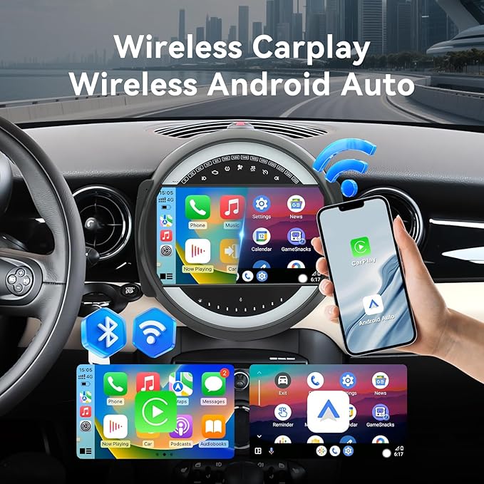 Android 14 Car Radio Compatible with BMW Mini Cooper 2007-2014,4G+64G,9" Touch Screen Car Stereo with Wireless Carplay&Android Auto,FM/GPS/SWC/Mirror Link/Backup Camer