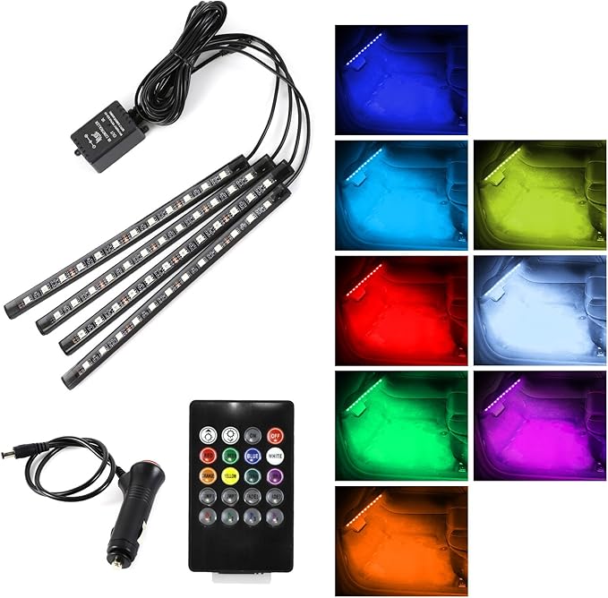 Wuyaoyao Car LED Interior Light, 48 LED Lights Multicolor Music Car Strip Light, Car Strip Light with Sound Active Function and Remote Control, Under Dash Lighting Kit (Cigarette Lighter+Remote)
