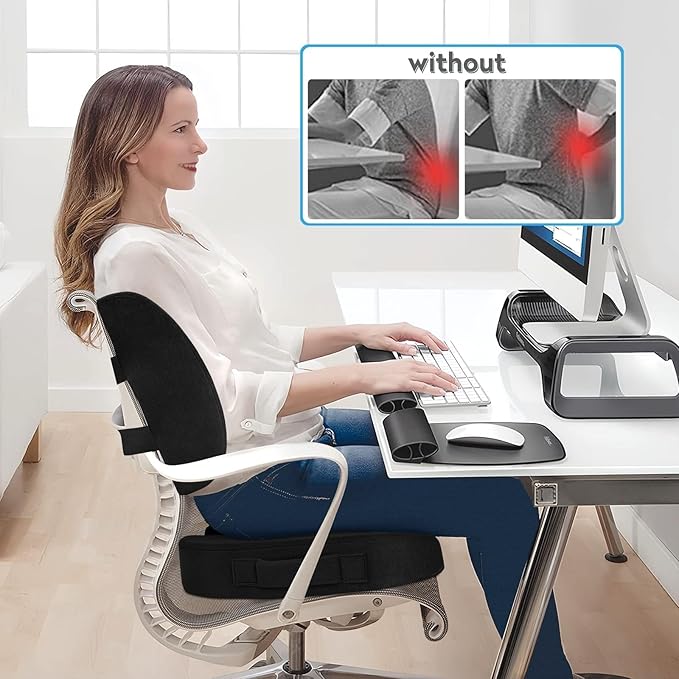 CloudBliss Lumbar Support Pillow & Seat Cushion Set for Office Chair, Desk Chair, Wheelchair & Car–Memory Foam Back Support,Ergonomic Chair Cushions,Sciatica Pain Relief,Home Essentials(Black,XL)