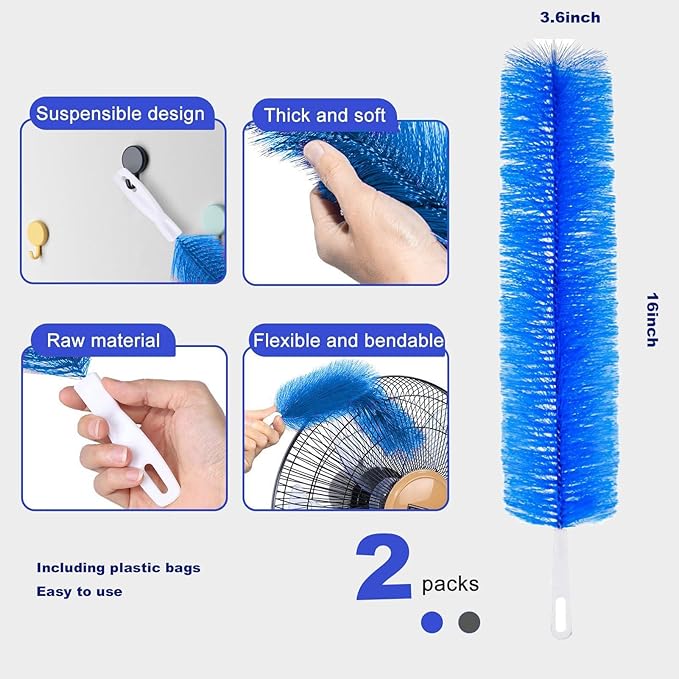 Fan Cleaner Brush，Fan Brush Cobweb Duster Microfiber Duster Ideal for Ceiling Duster, Air Vents, Curtains，Cleaner for Box （2PCS） (Grey)