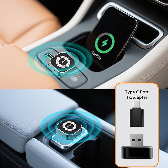4 in 1 Wireless Carplay Adapter 2026 Upgrade, Ultra-mini Size USB Design Wired to Wireless Adapter for Apple Carplay & Android Auto & Airplay & Mirror Link, Plug and Play (Black)