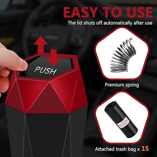 Car Trash Can with Lid - 1-Pack, Interior Accessories for Vehicles, Leakproof Garbage Can with 15 Detachable Trash Bags, Multipurpose Organizers and Storage Solutions for Home and Office