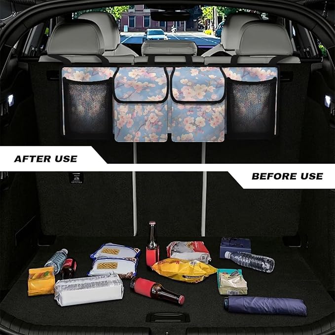 Peach Flower Car Trunk Organizer Foldable Capacity Storage Bag Car Back Seat Storage Bag Hanging Auto Interior Accessories for SUVs Sedans Trucks Jeeps
