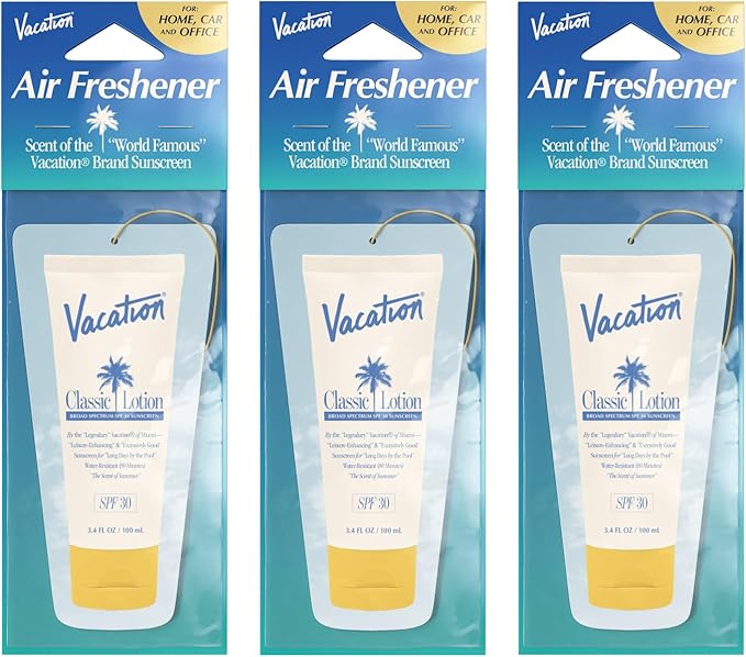 Vacation Hanging Air Freshener, Award-Winning Signature Sunscreen Scent, Deodorizer for Car, Home & Office (Pack of 3)