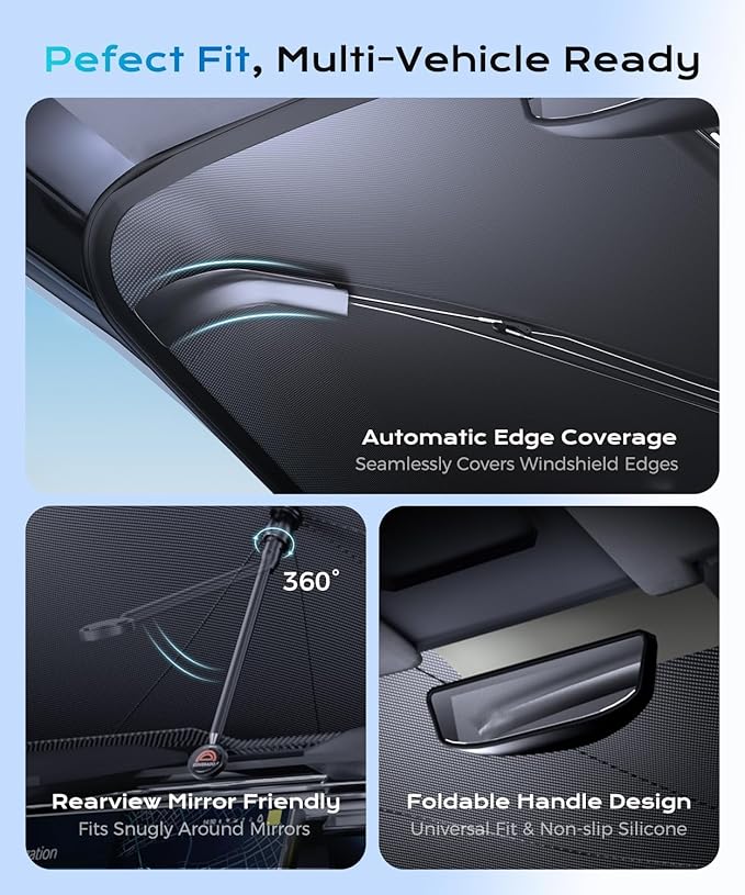 [2025 Upgrade]Coverado Sunshade for Car Windshield, UPF80+ Full-size Trucks/SUVs Windshield Sun Shade Blocks Heat & UV Rays, Thickened Vinyl Coating Keep Cool and Protect Interior, Foldable L 61”x34”