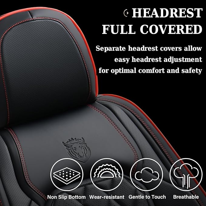 Coverado Seat Covers, Car Seat Cover Front Seats, 2-Pack Luxury Faux Leather Car Seat Covers, Waterproof Car Seat Protector, Black Seat Cover Front Seat Cover Universal Fit for Most Cars, Black&Red