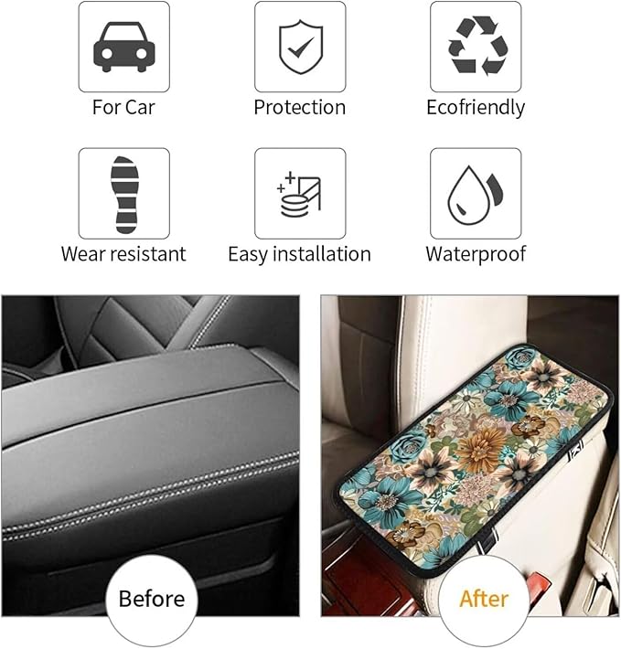 Car Center Console Cover Vintage Floral Auto Armrest Padded Armrest Cushion Leaf Brown Retro Easy Install for SUV Sedan Cars Comfort Protection for Most Vehicle, SUV, Truck, Sedans