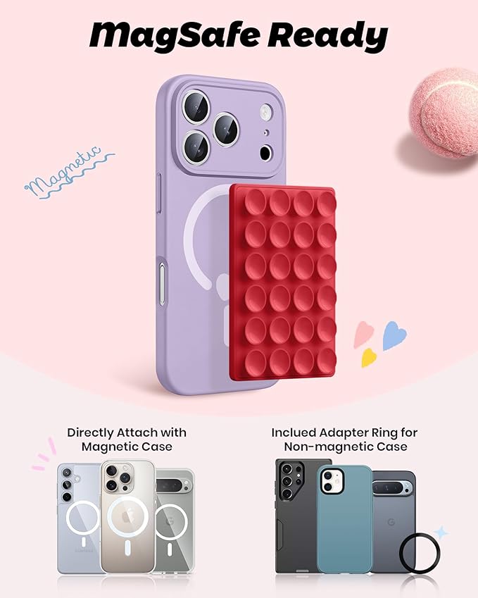 amBand Magnetic Sticky Phone Suction Grip for MagSafe, Removable for Wireless Charging, Durable Magnet Silicone Portable Mount Stand for iPhone 12 13 14 15 16 17, Hands-Free Video/Selfie, Cherry Red