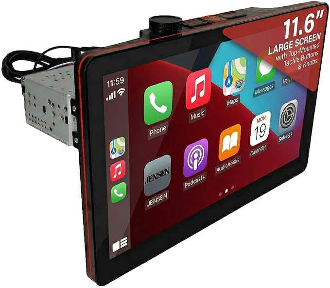 JENSEN J5UP12 11.6-inch Top Mount Control Touchscreen Receiver with Certified Wireless Apple Carplay Android Auto | Single DIN Car Stereo with Bluetooth | Backup Camera Input | USB Playback & Charge