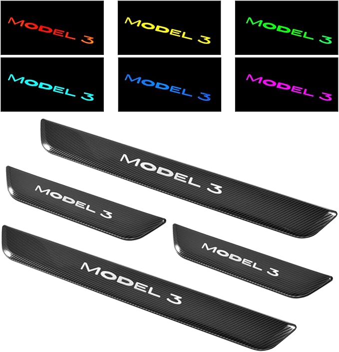 LED Door Sill Lights for Tesla Model 3 2017-2025 Accessories, ABS Scratch-Resistant Sill Protector with 7-Color RGB Lighting, Battery Powered Model 3 Pedal Mood Lamp, Carbon Fiber, 4PCS
