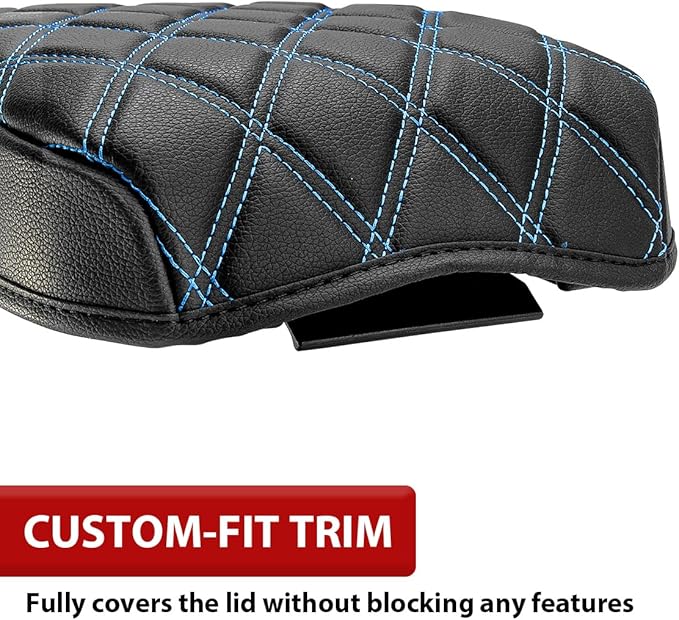 Center Console Armrest Cover for Toyota Tacoma 2016-2023, Middle Console Cushion Pad, Arm Rest Lid Covering, Vinyl Leather Interior Accessories, Black-Blue Stitches