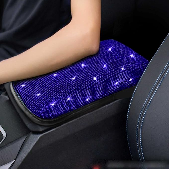 Bling Bling Car Armrest Cover Auto Center Console Protective Cover Luster Crystal Rhinestone Car Arm Rest Cushion Pad Car Interior Accessory (Bling-Blue)