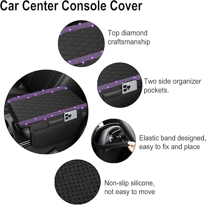 NBTEPEM Bling Car Center Console Cover, Leather Car Arm Rest Cover Cushion with 2 Storage Bags, Universal Auto Armrest Protector Storage Box, Bling Accessories Interior for Most Vehicles (Purple)
