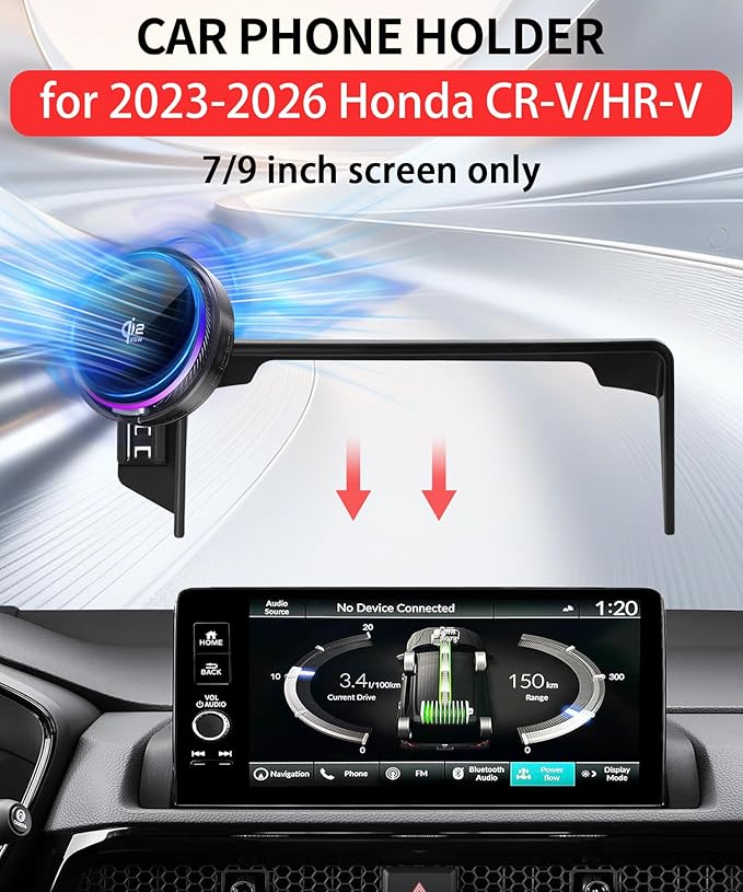 Qi2.2 25W Magnetic Car Mount Charger for Honda CR-V 2023-2026/HR-V 2023-2026 Accessories 7/9 Inch Screen Fixed Clip Fast Charging Cell Phone Holder with Cooling Fan＆54W Fast Adapter