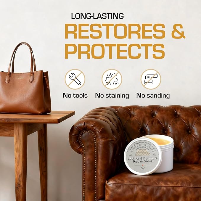 Furniture Salve for Leather Conditioner: Natural Oil Beeswax Formula for Couches Purse Bag Car Seat - Moisturizer and Restorer Leather Wood and Vinyl - Prevent Cracking or Fading & Water Rings (8oz)