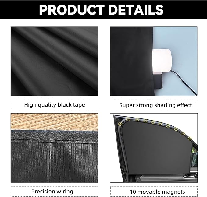 QUICTO Car Window Sun Shades, Universal Interior Accessories - Double-Sided Black (4pcs)