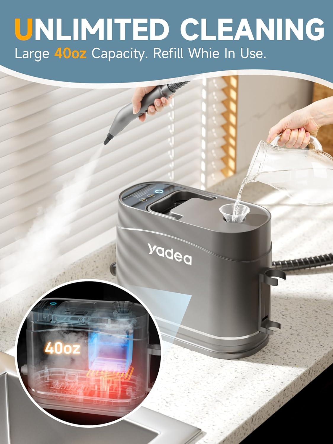 Yadea Handheld Steam Cleaner, Multi-Purpose Portable Steamer for Home, Car, Carpet, Tiles & Furniture – Fast Heat-Up, Dual Steam Modes, 6 Accessories, Chemical-Free Cleaning