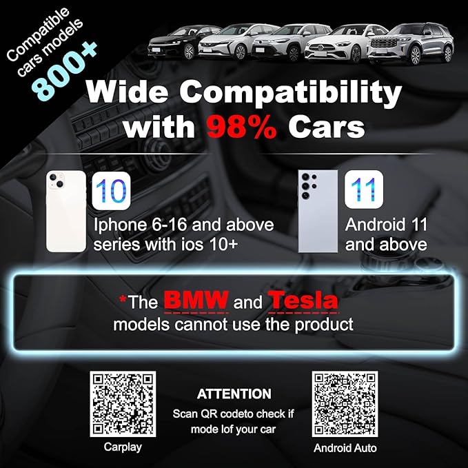 2-in-1 Wireless Carplay Adapter, Convert Wired to Wireless Mini Car Play Adapter for Apple iPhone & Android Auto, Seamless Plug & Play Auto Connect, Compatible with 2016-2025 Car Models