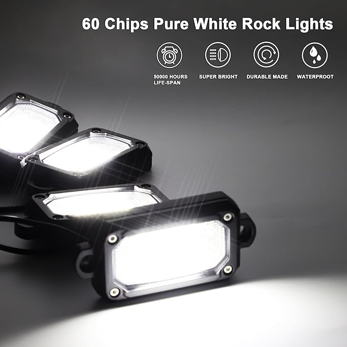 Rock Lights 60 Chip 6500K 8pcs Aluminum Housing Pure White Rock Lights for Trucks Jeep UTV ATV SUV Cars with 15FT Wire Harness