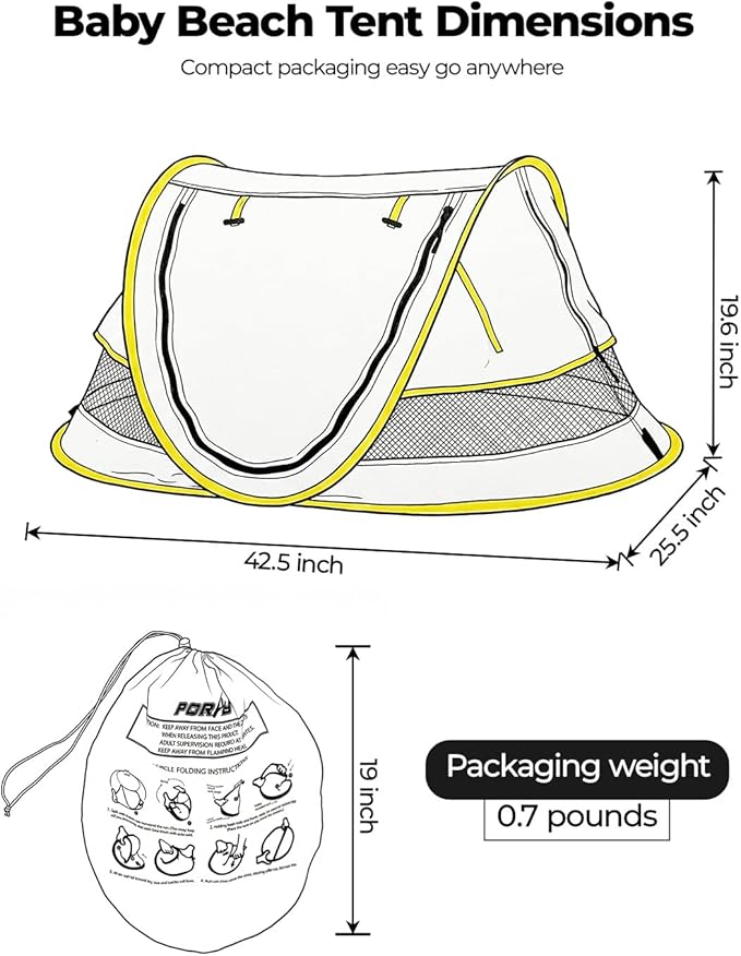 Poray Portable Baby Beach Tent with UPF 50+ Sun Shelter,Mosquito Net and Sunshade, Ideal Pop Up Kids Travel Tent with Carry Bag & 2 Stakes,Outdoor Indoor Play and Sun Protection