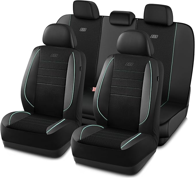 Skechers Air-Cooled Memory Foam Seat Cover,Mesh Thick Car Seat Covers,Piping Leather Car Seat Cover,Airbag Compatible,Automotive Comfort for Most Cars, Vans, Trucks, SUV(Mint,Full Set)