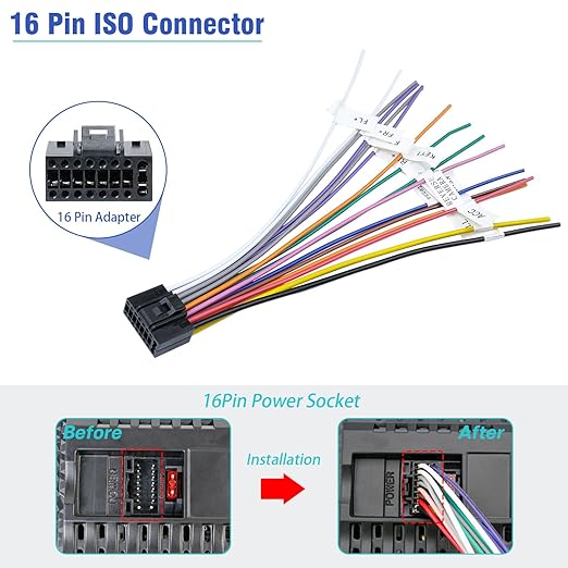 16Pin Android Radio Wiring Harness Adapter, ISO Car Stereo Wire Harness Power Speaker Cable with Butt Connector for Aftermarket Car Audio Video Head Unit Receiver