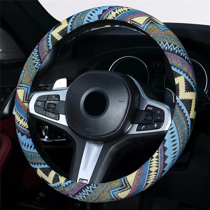 Ethnic Style Coarse Flax Cloth Automotive Steering Wheel Cover Anti Slip and Sweat Absorption Auto Car Wrap Cover (L, 14.5''-15'')