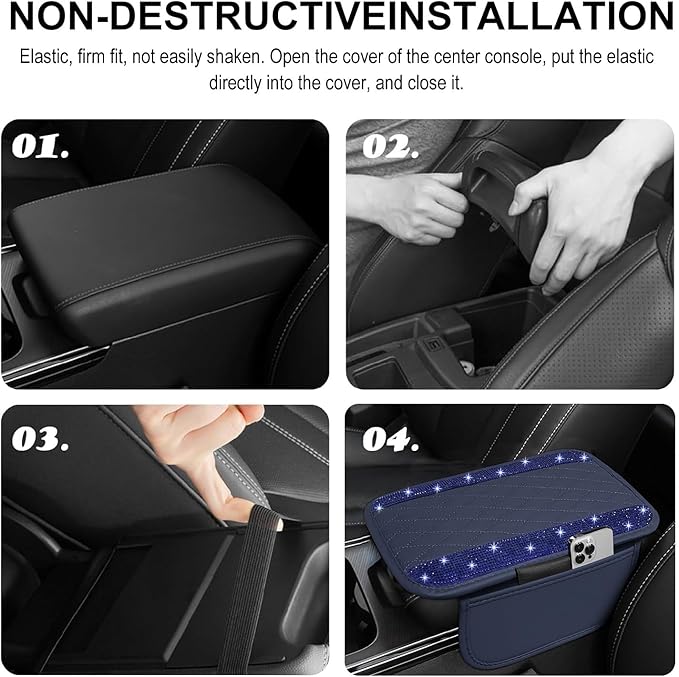 NBTEPEM Bling Blue Car Center Console Cover, Leather Car Arm Rest Cover with 2 Storage Bags, Universal Auto Armrest Protector Storage Box, Bling Accessories Interior for Most Vehicles