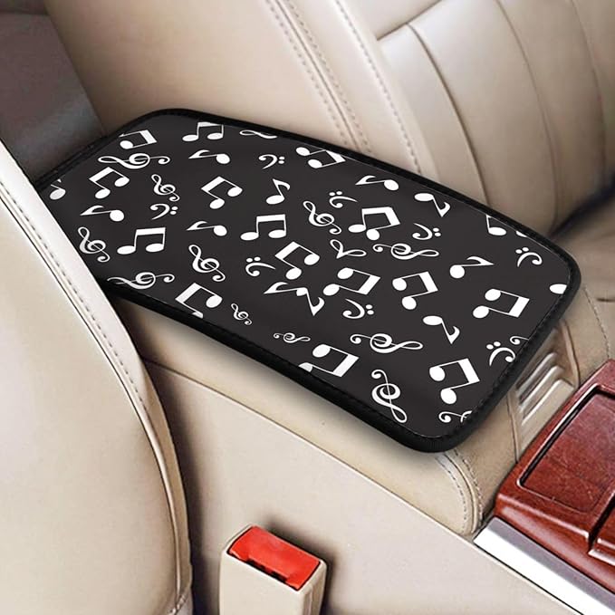 Car Armrest Cover Auto Center Console Pad Arm Rest Cushion Soft Car Accessories Universal for Most Vehicle (White Music Notes Pattern Design)
