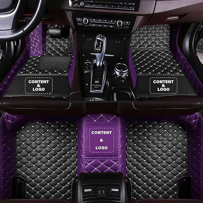 Custom Making Car Floor Mats for 98% Sedan SUV Sports Car Full Coverage Cute Pads Protection Non-Slip Leather Floor Liners (Black+Purple Side)