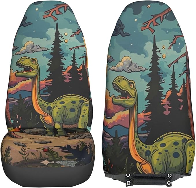 Delerain Car Seat Covers Set 2Pcs, Dinosaur Happy Camping Universal Front Car Seats Vehicle Enterior Protector Suitable Fits Most Car Auto SUV Sedan Truck