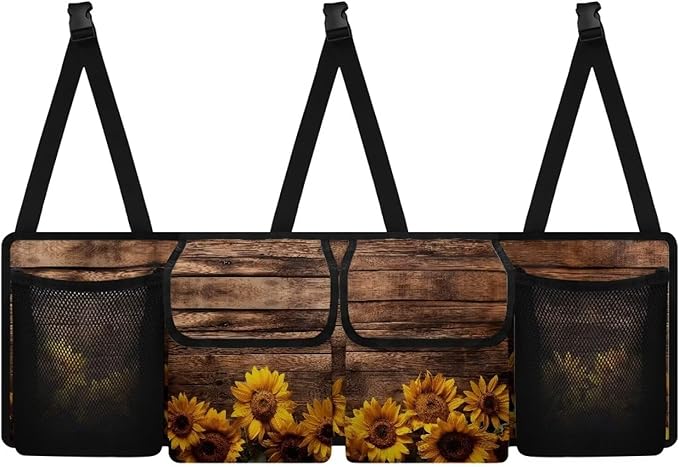Yellow Sunflower Wood Backseat Trunk Organizer for Car Hanging Trunk Storage Bag Multipurpose Car Back Seat Organizer with Lid
