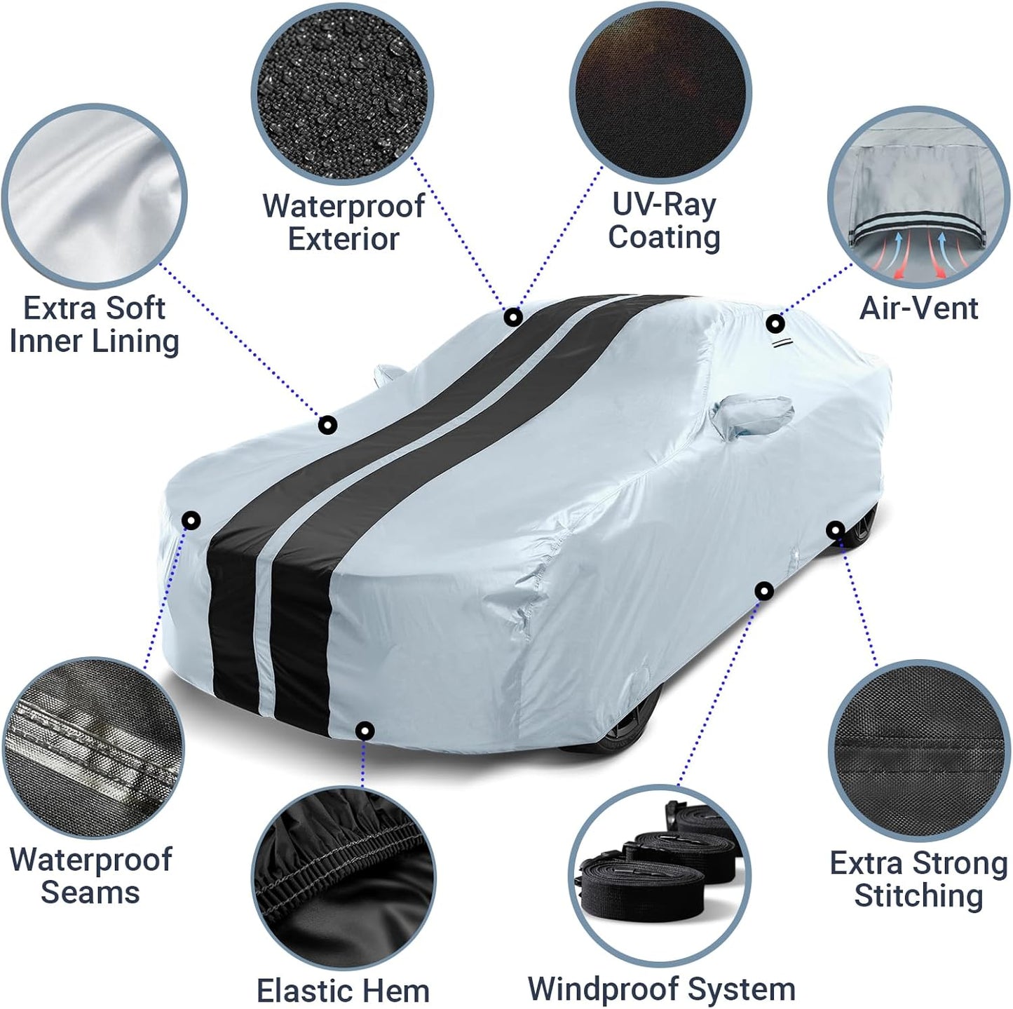 iCarCover Custom Car Cover for Chevy Corsica (1987-1996) Waterproof All Weather Rain Snow UV Sun Protector Full Exterior Indoor Outdoor Car Cover (Stripe - Gray/Black)