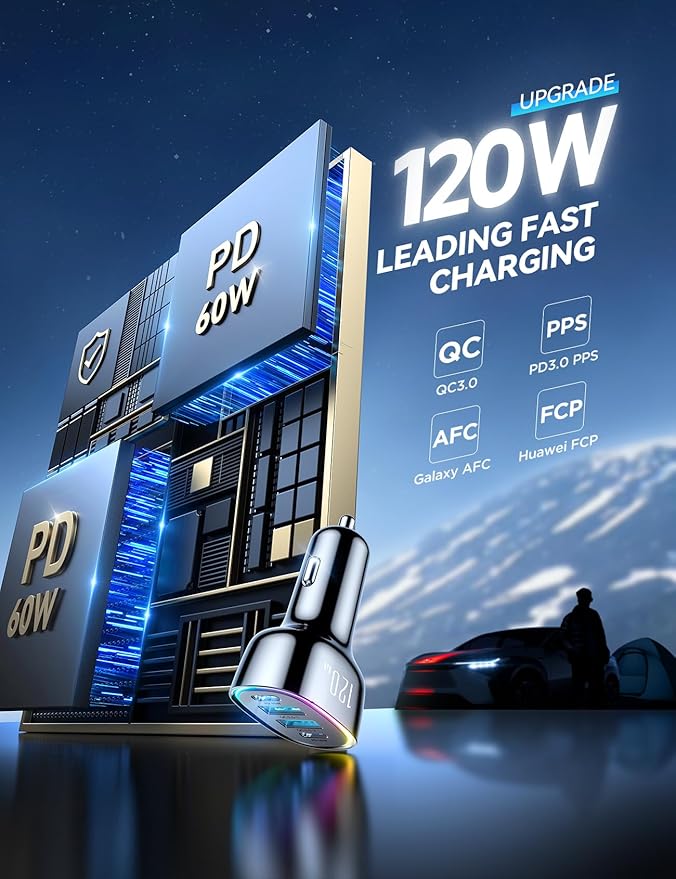 120W for iPhone 17 Pro Max Car Charger, Dual PD 60W & QC 3.0 Cigarette Lighter USB Charger with 60W Type C Cable, Car Charger USB C, Car Accessories for iPhone 17/16 Pro/Air, Galaxy S25, iPad, MacBook
