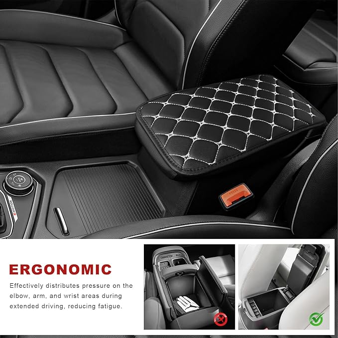 Car Center Console Cushion Pad, Anti-Scratch PU Leather Auto Armrest Seat Box Protector, Waterproof Arm Rest Protection Cover Interior Decoration for SUV Sedan Truck (White)