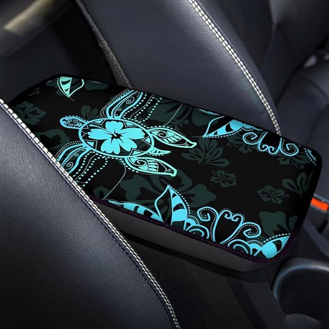 Suobstales Turtle Hibiscus Leaves Print Car Armrest Pad Soft Center Console Arm Rest Protector Cover Universal Car Interior Accessories Decoration