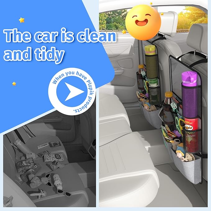 Plzpik Car Backseat Organizer with Tablet Holder,11 Storage Pockets with Foldable Food Tray, Protector Kick Mats for Kids, Travel Accessories Organizer (Gray, 2-Pack)