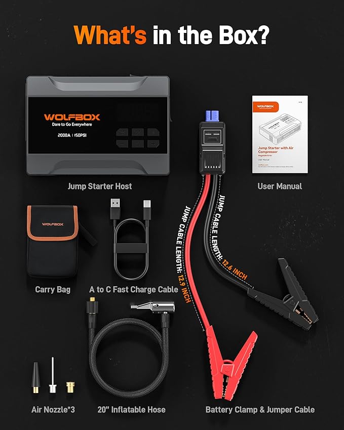 WOLFBOX 2000A Jump Starter with Air Compressor, 37Wh Car Battery Jumper Starter Portable (up to 5L Gas Engine) with 150PSI Tire Inflator, 12V Jump Box with Jumper Cables, Boost, LED Light