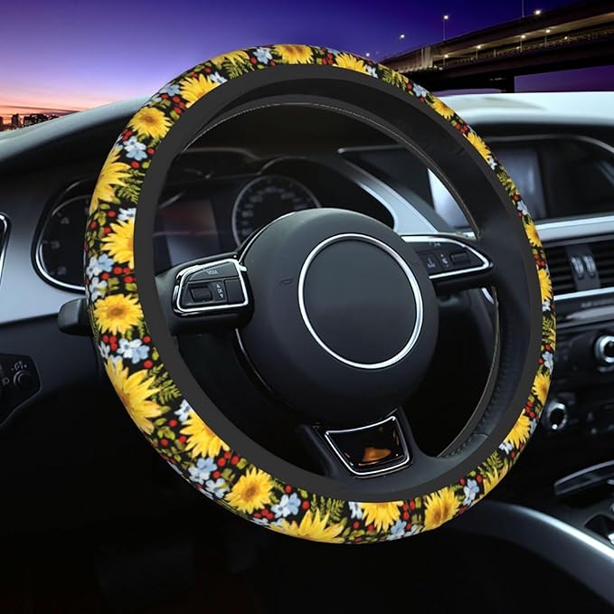 Yellow Sunflower Steering Wheel Cover - Sunflower Steering Wheel Cover Anti-Slip Car with 2 Pieces Car Coasters Suitable for Men Women
